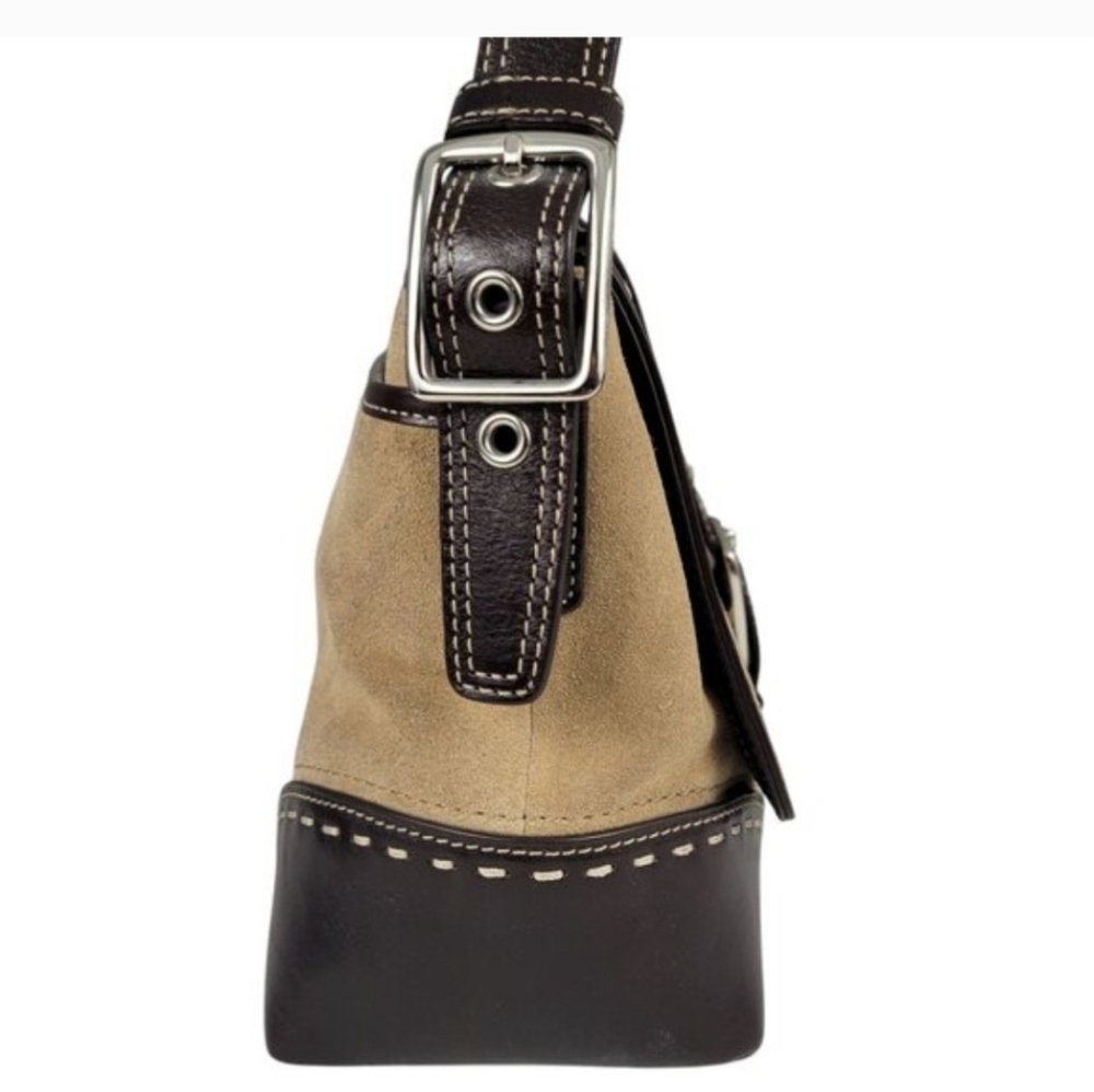 COACH Hampton Flap Bag Tan Suede Brown Leather Shoulder Strap F12615